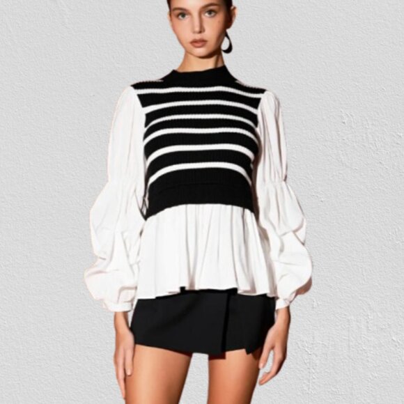 English Factory Mixed Media  Blouse & Stripe Sweater Vest Combo, Blk/Wht L NWT - Picture 1 of 10
